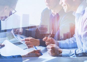 business people working on marketing plan  together in modern office, teamwork, double exposure banner